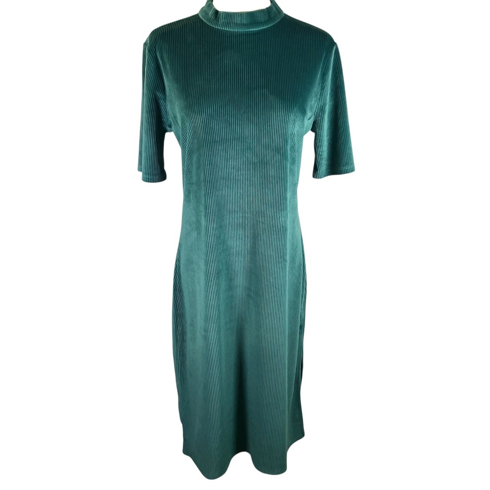 ModCloth Corduroy Ribbed Green Bodycon‎ Midi Dress Mock Neck Women's Size L